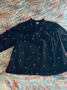 crown & ivy Black Blouse with White Heart Details